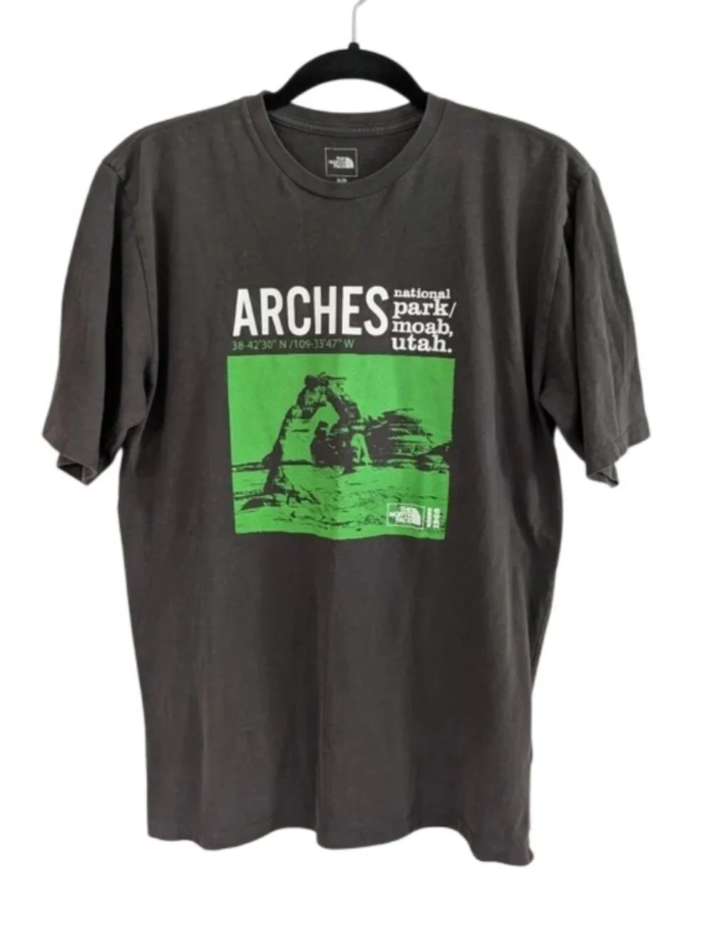 The North Face Charcoal Tee with Bright Green Arches Graphic Men's‎ Size S